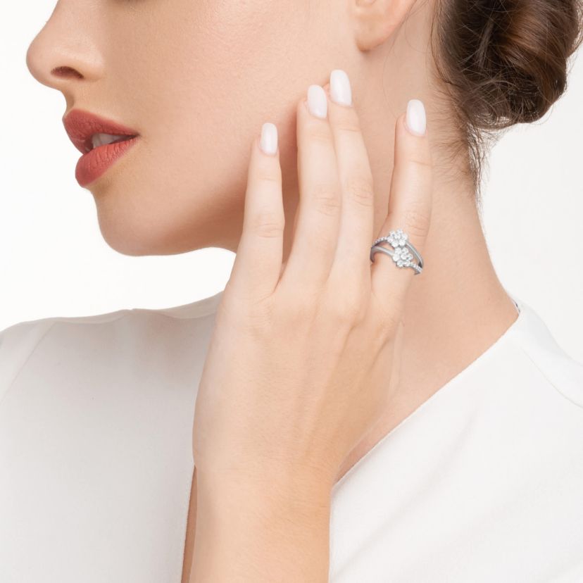 18K Yellow Gold or Rhodium Plated Sterling Silver Moissanite Double Flower Ring
