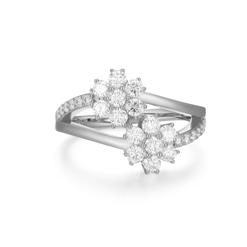 18K Yellow Gold or Rhodium Plated Sterling Silver Moissanite Double Flower Ring