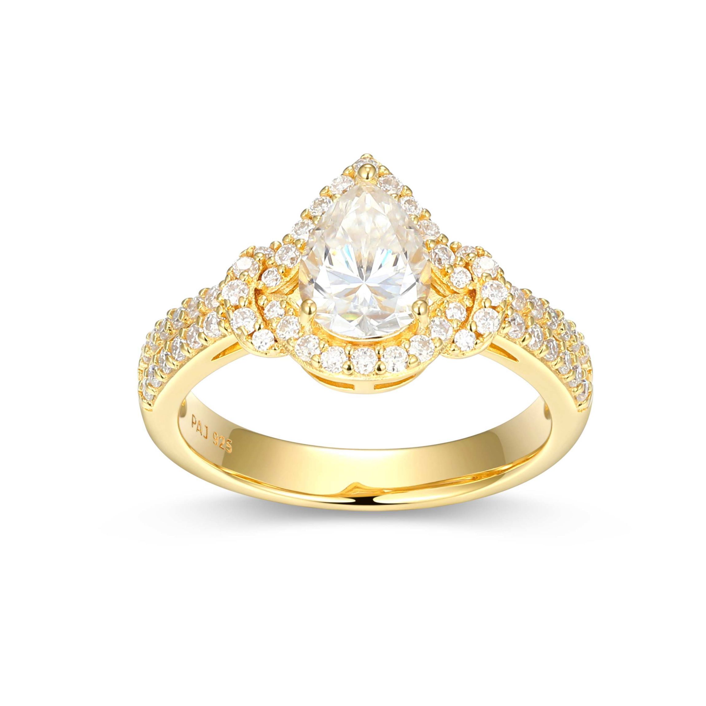 18K Yellow Gold or Rhodium Plated Sterling Silver Moissanite Pear Ring