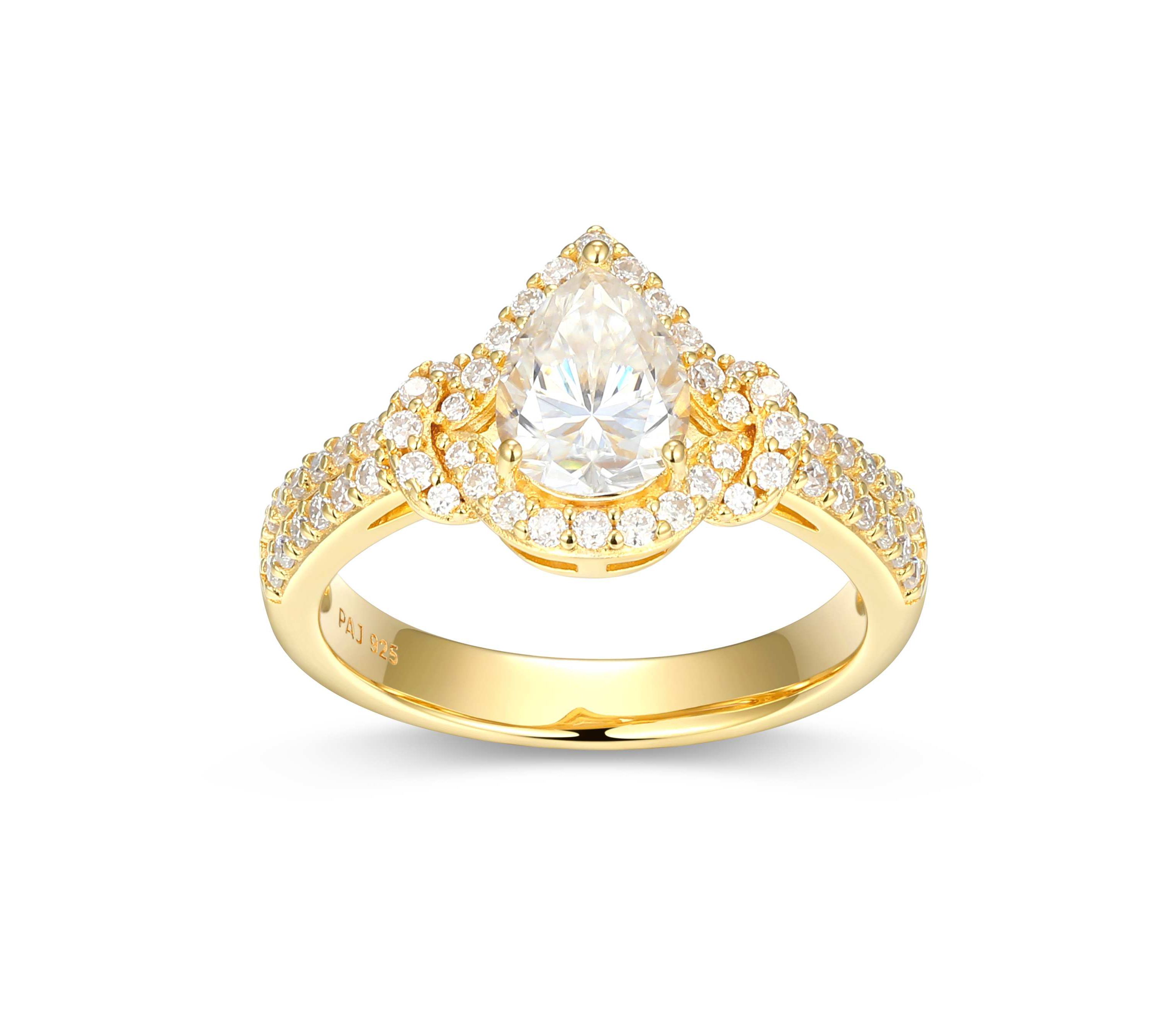 18K Yellow Gold or Rhodium Plated Sterling Silver Moissanite Pear Ring