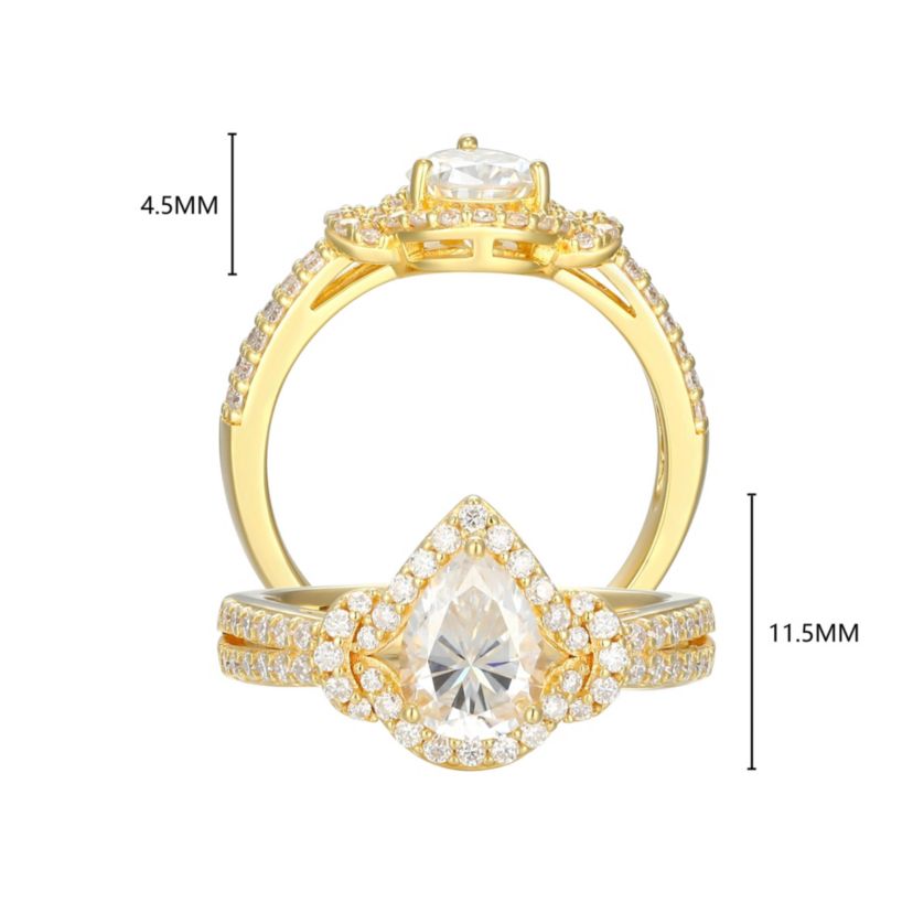 18K Yellow Gold or Rhodium Plated Sterling Silver Moissanite Pear Ring