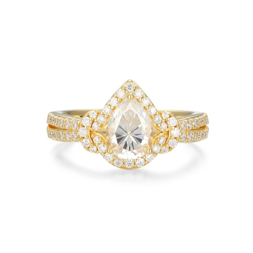 18K Yellow Gold or Rhodium Plated Sterling Silver Moissanite Pear Ring