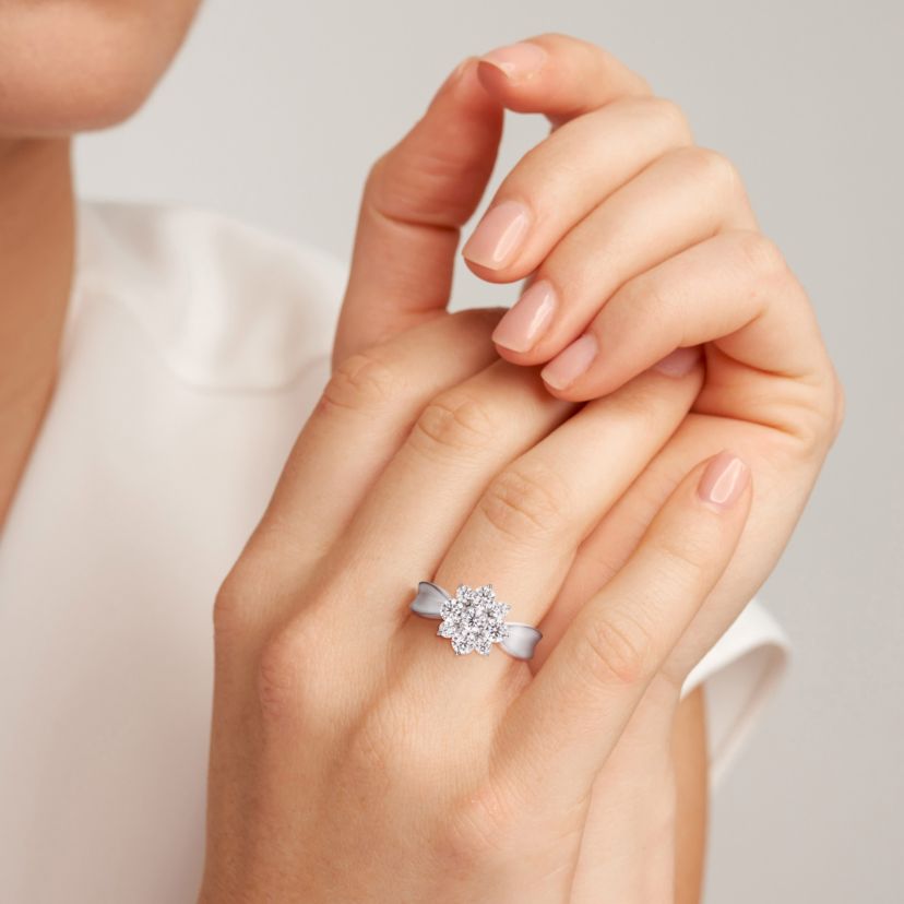 18K Yellow Gold or Rhodium Plated Sterling Silver Moissanite Flower Ring