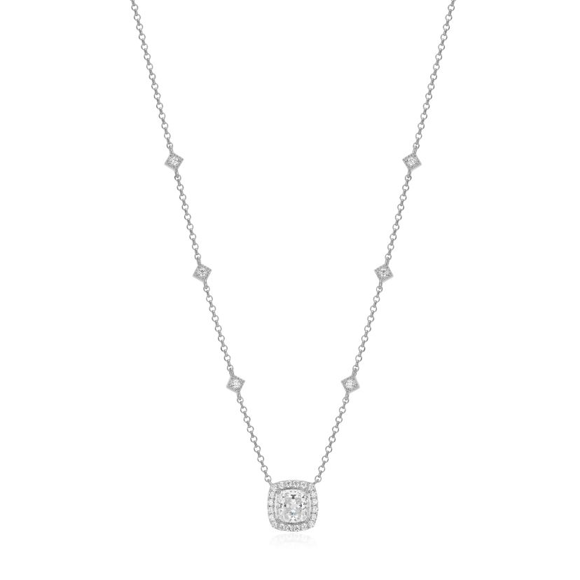 18K Yellow Gold or Rhodium Plated Sterling Silver Moissanite Halo Cushion Cut Station Necklace