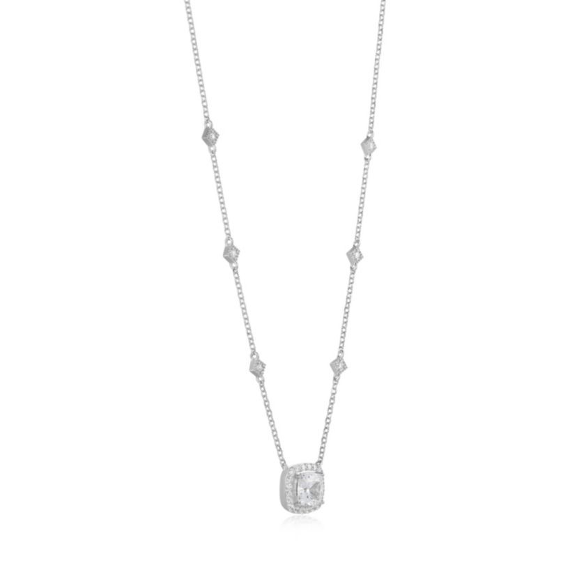 18K Yellow Gold or Rhodium Plated Sterling Silver Moissanite Halo Cushion Cut Station Necklace