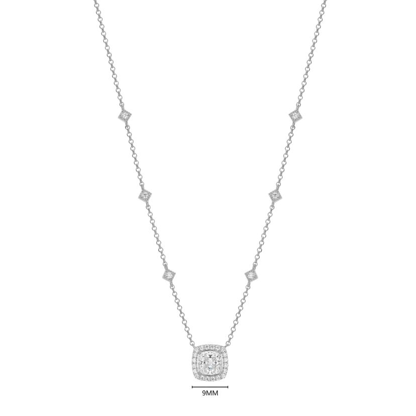 18K Yellow Gold or Rhodium Plated Sterling Silver Moissanite Halo Cushion Cut Station Necklace