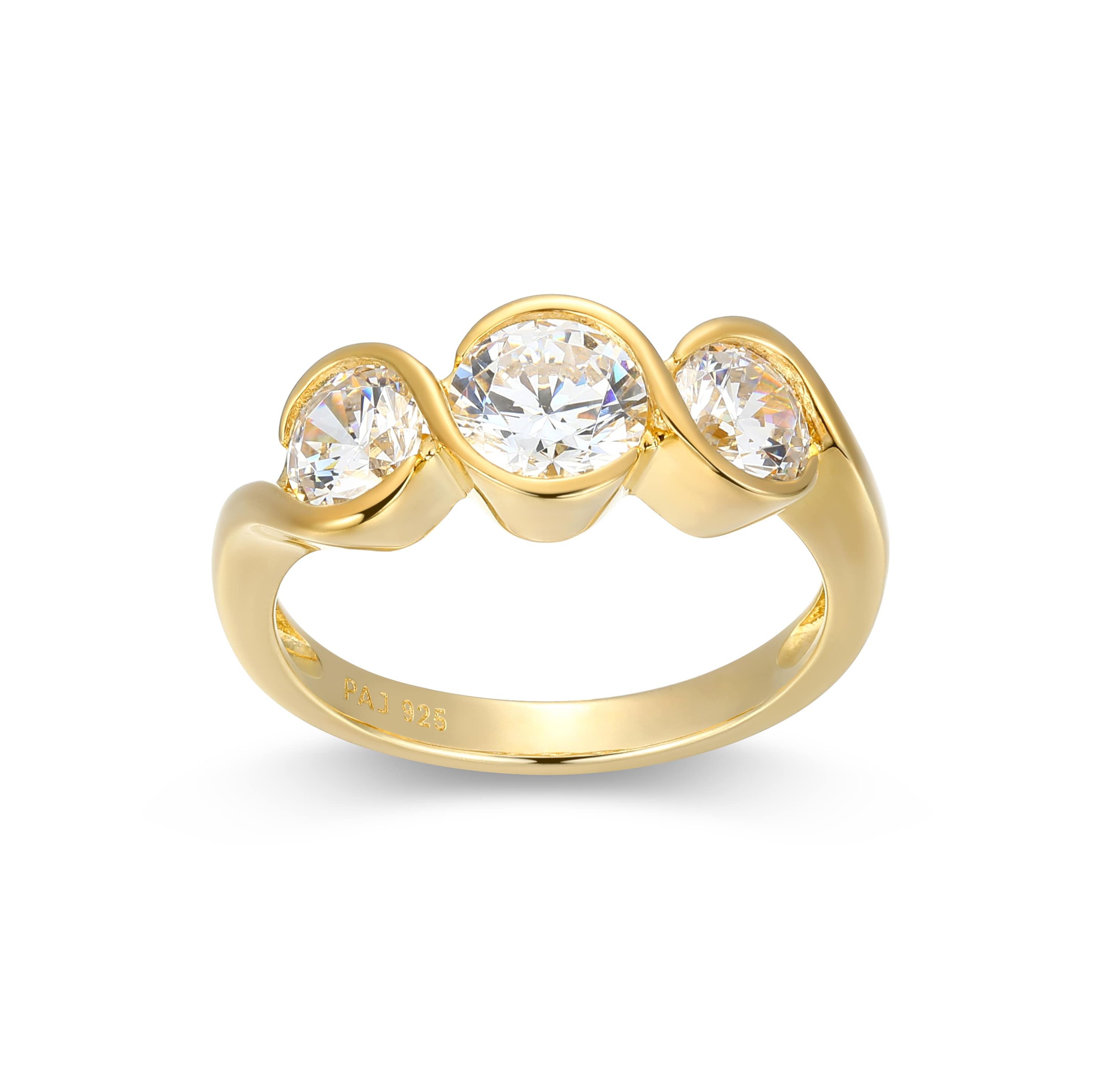18K Yellow Gold or Rhodium Plated Sterling Silver Moissanite 3-Stone Ring
