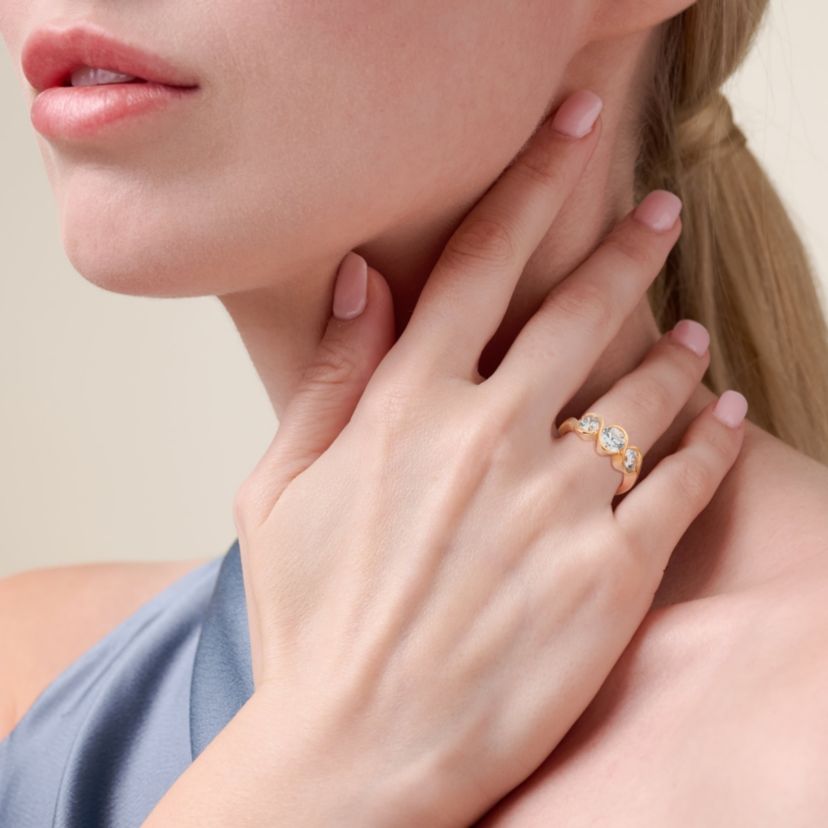 18K Yellow Gold or Rhodium Plated Sterling Silver Moissanite 3-Stone Ring