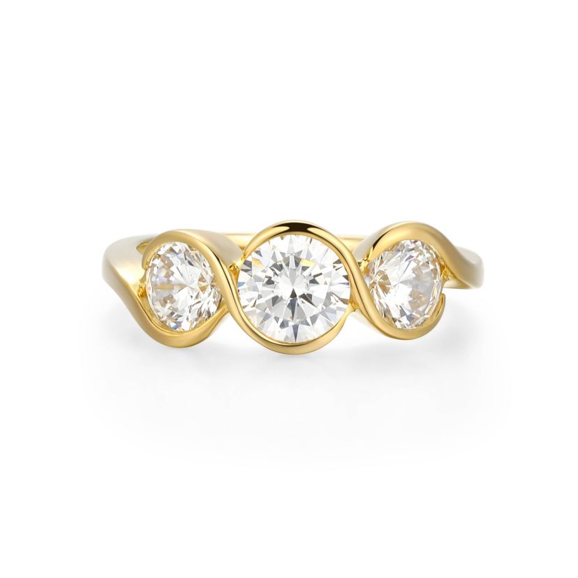 18K Yellow Gold or Rhodium Plated Sterling Silver Moissanite 3-Stone Ring