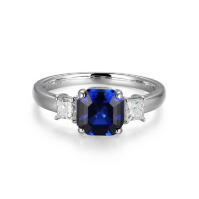 LuxLab Rhodium Plated Sterling Silver Created Gemstone and 1/10 CTTW Lab Grown Diamond 3-Stone Ring
