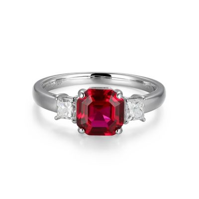 LuxLab Rhodium Plated Sterling Silver Created Gemstone and 1/10 CTTW Lab Grown Diamond 3-Stone Ring, 8