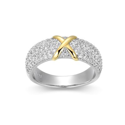 Aurealis 18K Yellow Gold and Rhodium Plated Sterling Silver Moissanite Two-Tone X Band Ring