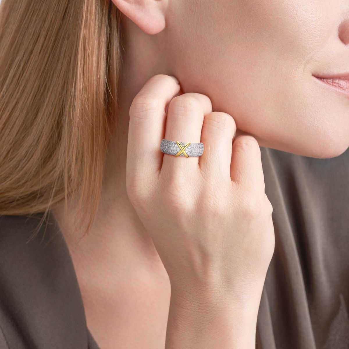 18K Yellow Gold and Rhodium Plated Sterling Silver Moissanite Two-Tone X Band Ring