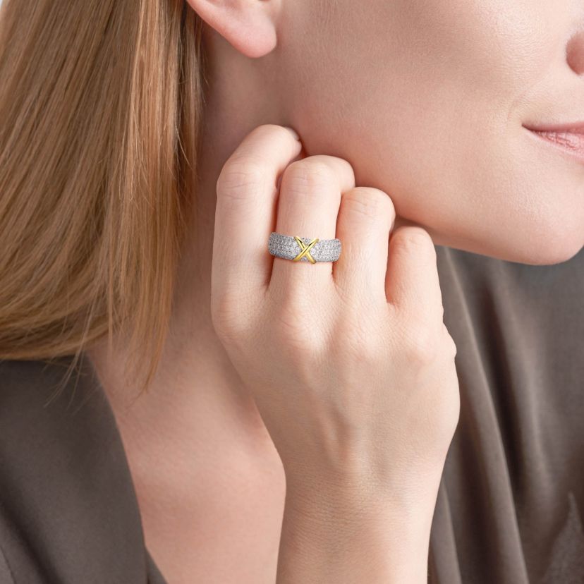 18K Yellow Gold and Rhodium Plated Sterling Silver Moissanite Two-Tone X Band Ring