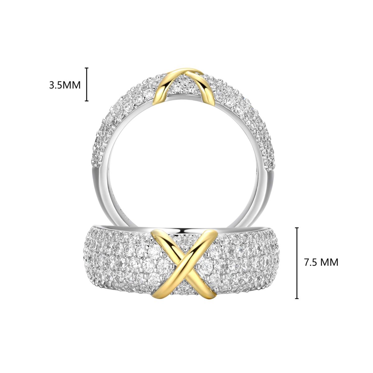 18K Yellow Gold and Rhodium Plated Sterling Silver Moissanite Two-Tone X Band Ring