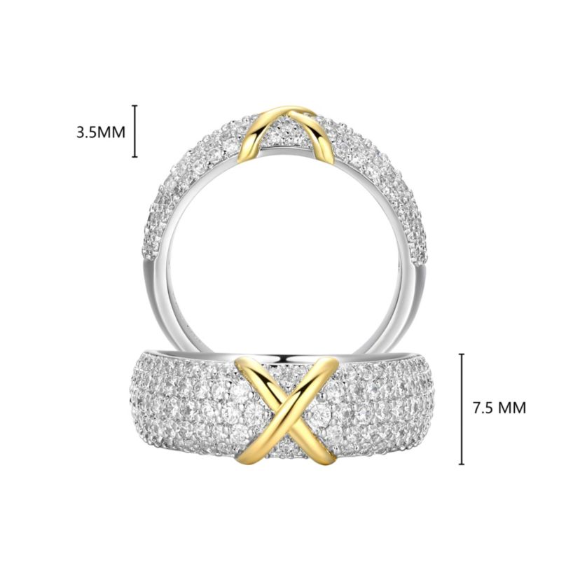 18K Yellow Gold and Rhodium Plated Sterling Silver Moissanite Two-Tone X Band Ring