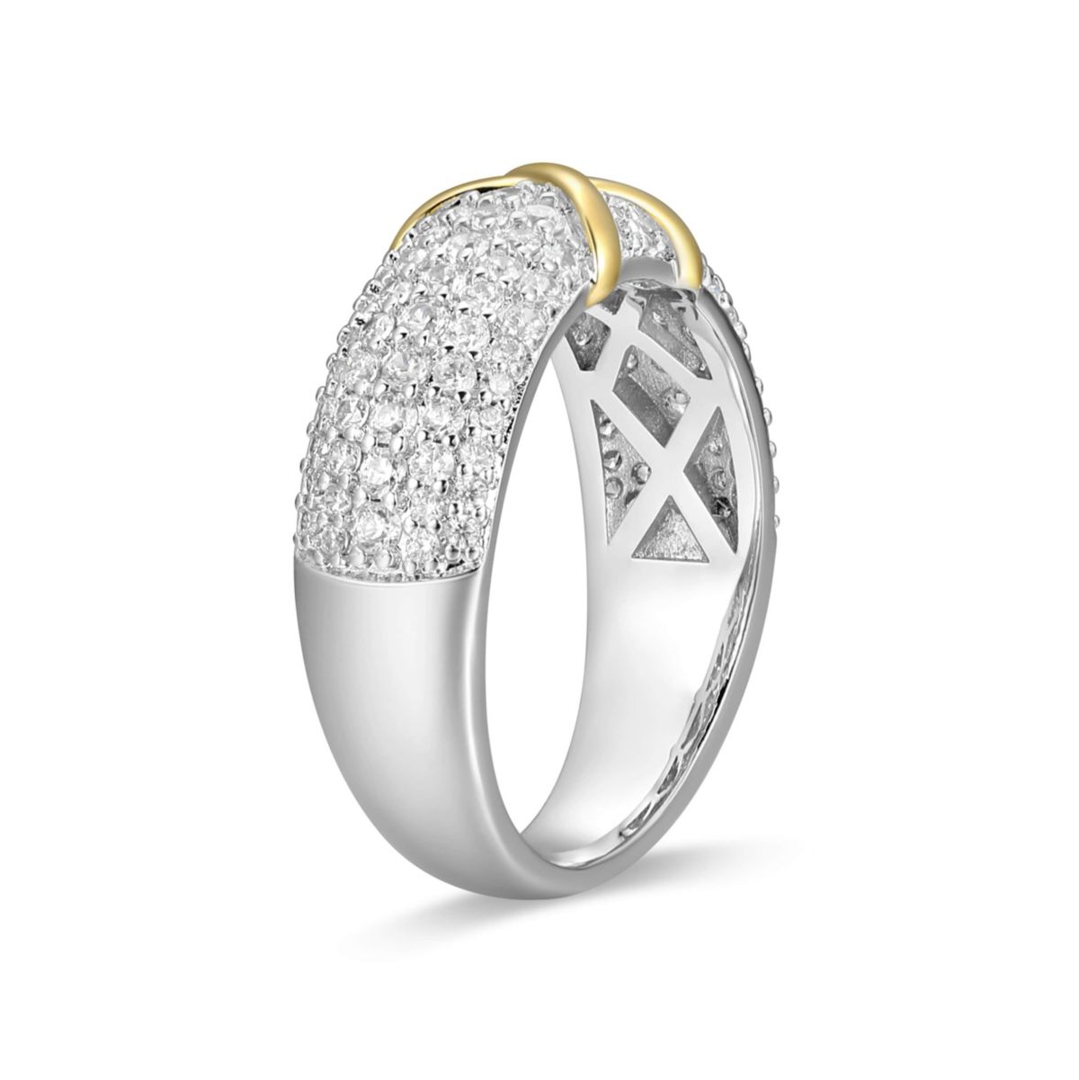 18K Yellow Gold and Rhodium Plated Sterling Silver Moissanite Two-Tone X Band Ring