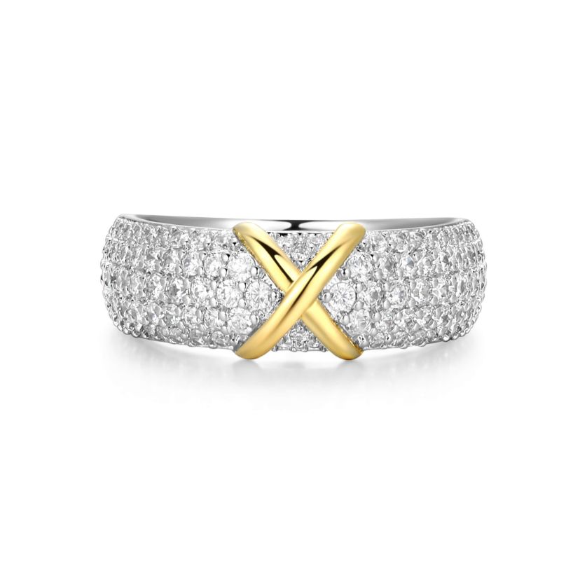 18K Yellow Gold and Rhodium Plated Sterling Silver Moissanite Two-Tone X Band Ring