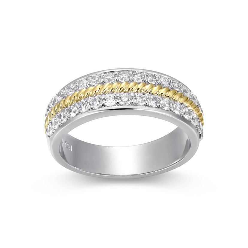 18K Yellow Gold and Rhodium Plated Sterling Silver Moissanite Two-Tone Band Ring