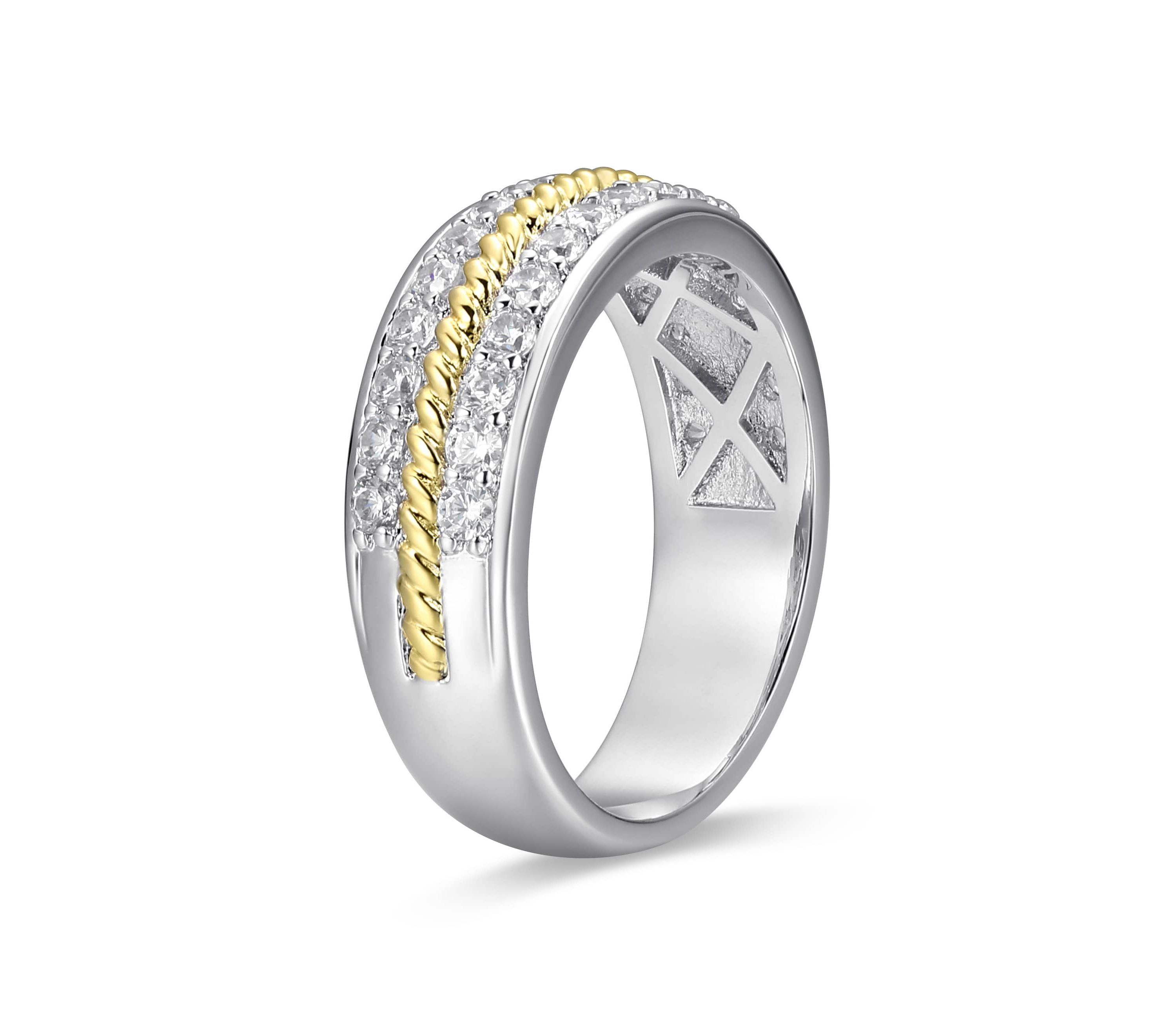 18K Yellow Gold and Rhodium Plated Sterling Silver Moissanite Two-Tone Band Ring