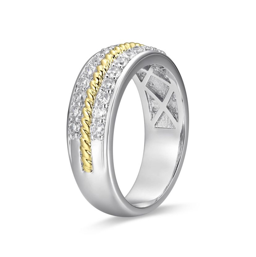 18K Yellow Gold and Rhodium Plated Sterling Silver Moissanite Two-Tone Band Ring