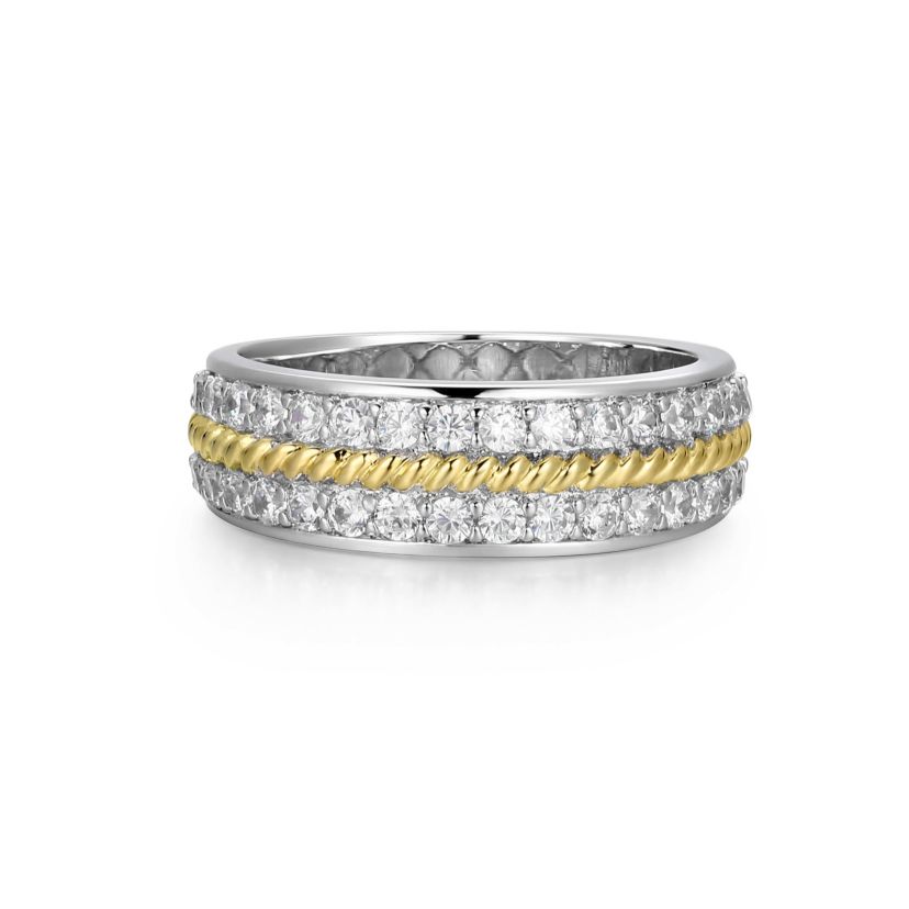 18K Yellow Gold and Rhodium Plated Sterling Silver Moissanite Two-Tone Band Ring