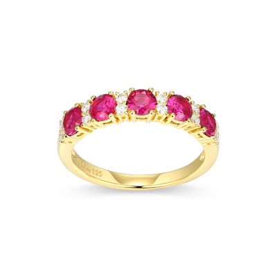 Aurealis Lab Created 18K Yellow Gold Plated Sterling Silver Women's Created Sapphire or Ruby and Moissanite Ring