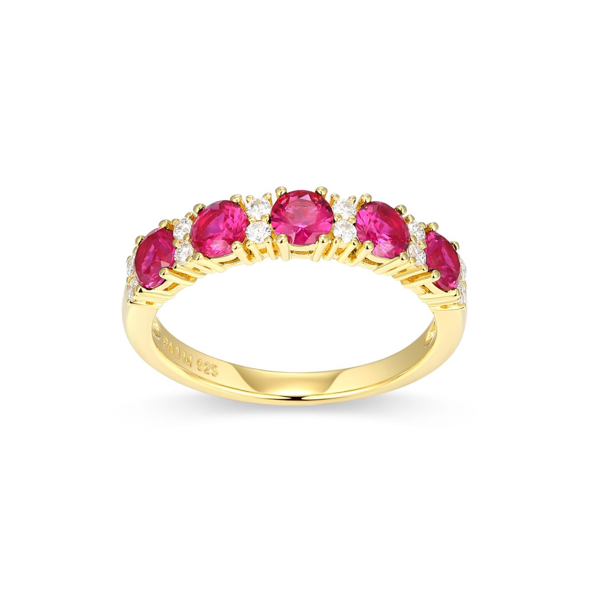 Lab Created 18K Yellow Gold Plated Sterling Silver Womens Created Sapphire or Ruby and Moissanite Ring