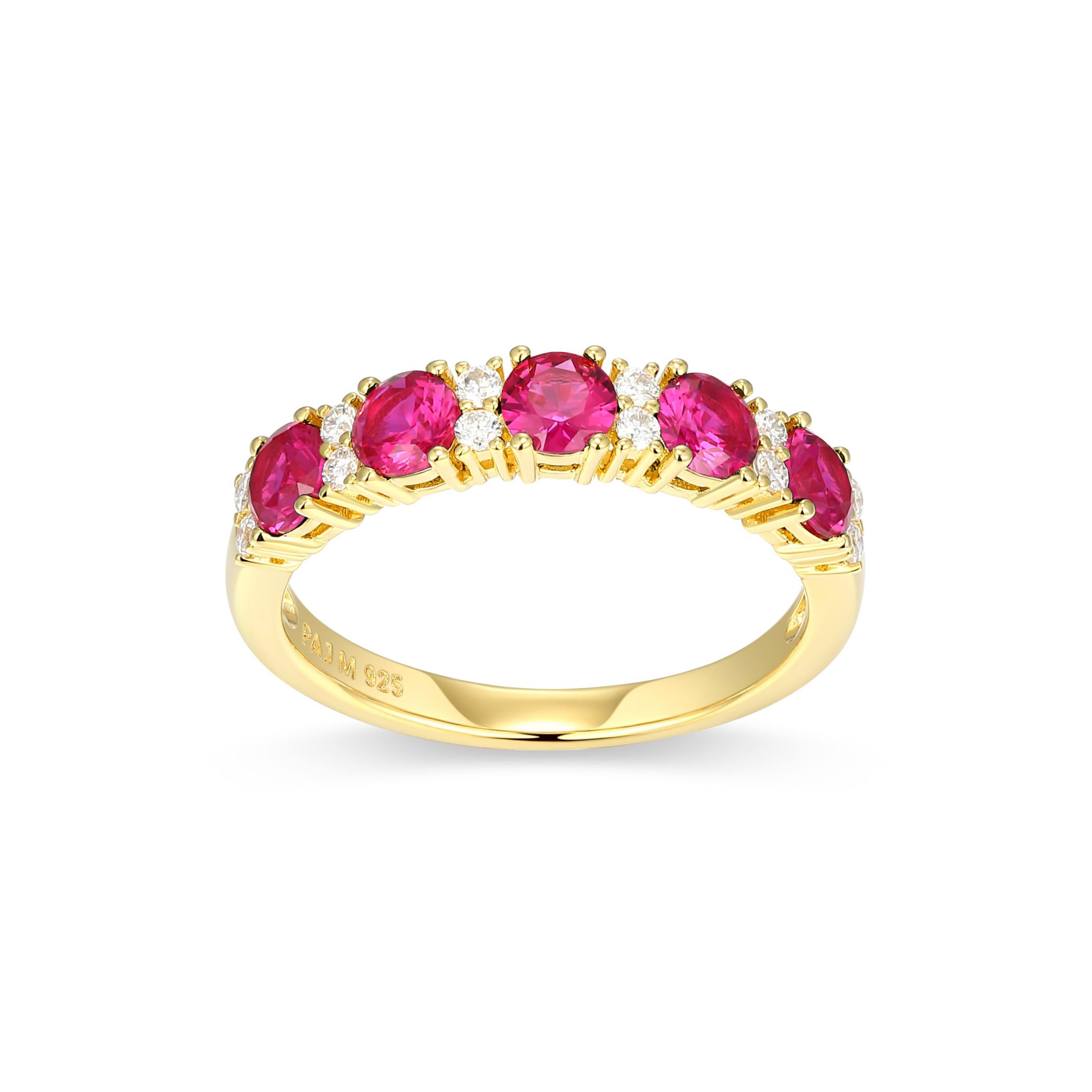 Lab Created 18K Yellow Gold Plated Sterling Silver Womens Created Sapphire or Ruby and Moissanite Ring