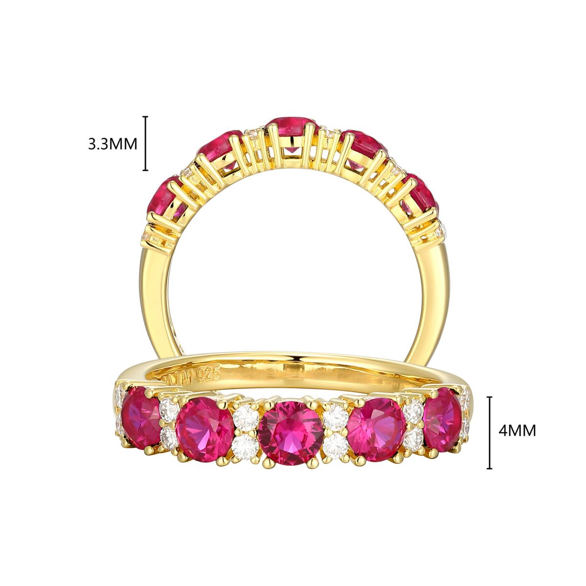 Lab Created 18K Yellow Gold Plated Sterling Silver Womens Created Sapphire or Ruby and Moissanite Ring