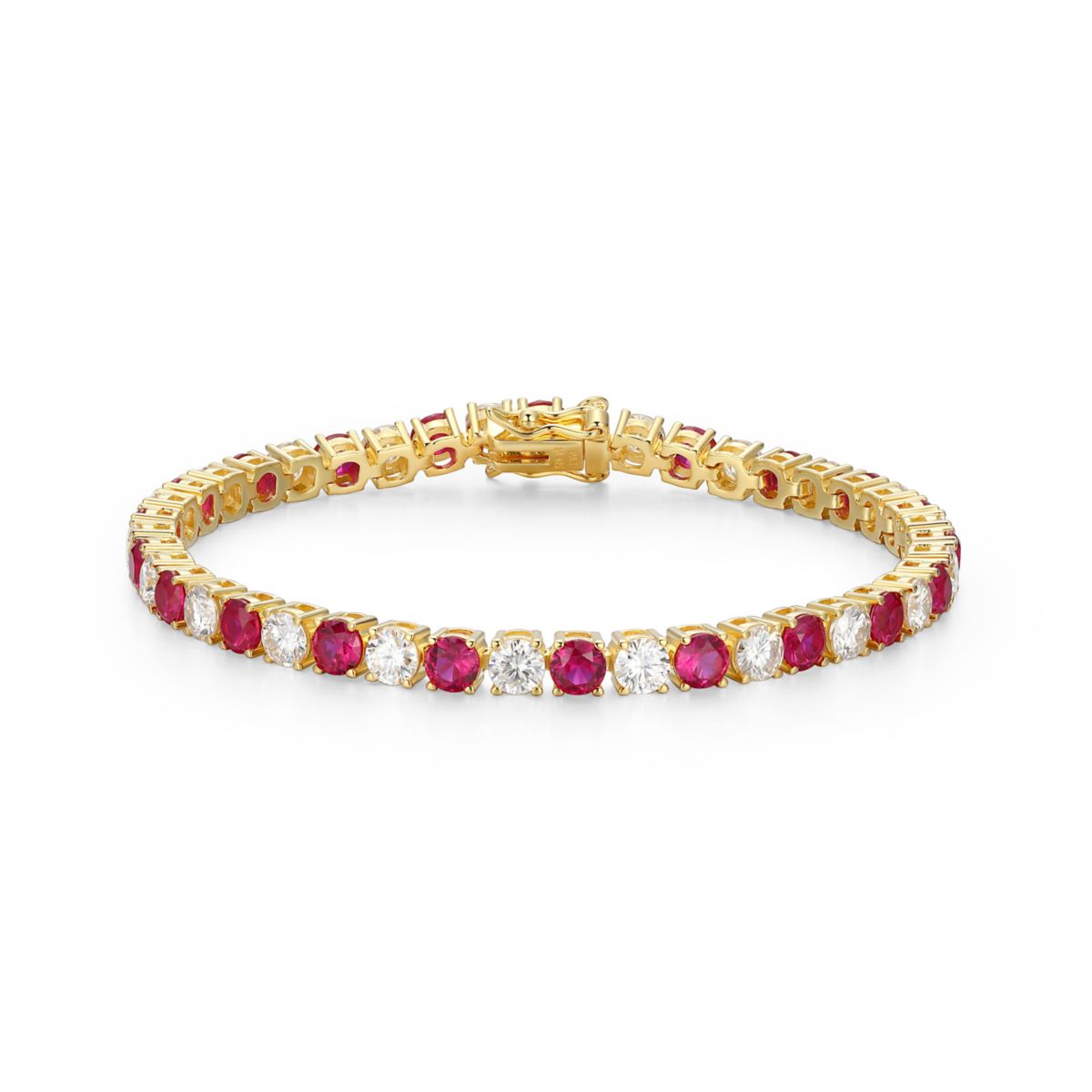 Lab Created 18K Yellow Gold Plated Sterling Silver Womens Created Ruby or Sapphire and Moissanite Tennis Bracelet
