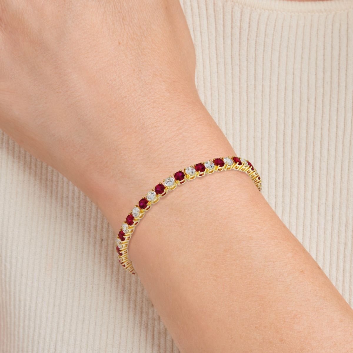 Lab Created 18K Yellow Gold Plated Sterling Silver Womens Created Ruby or Sapphire and Moissanite Tennis Bracelet