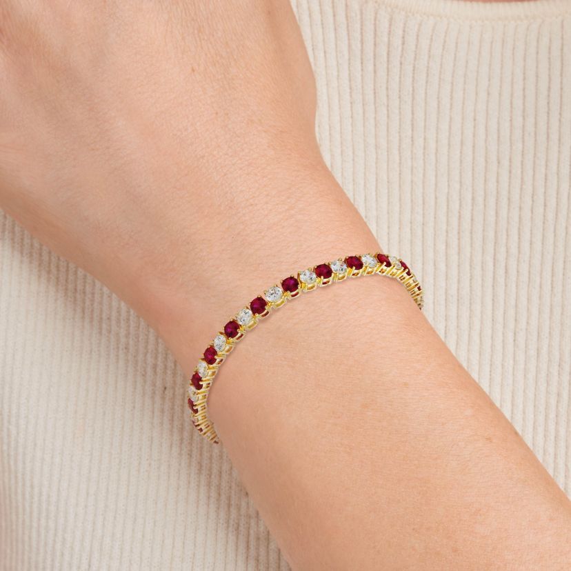 Lab Created 18K Yellow Gold Plated Sterling Silver Womens Created Ruby or Sapphire and Moissanite Tennis Bracelet