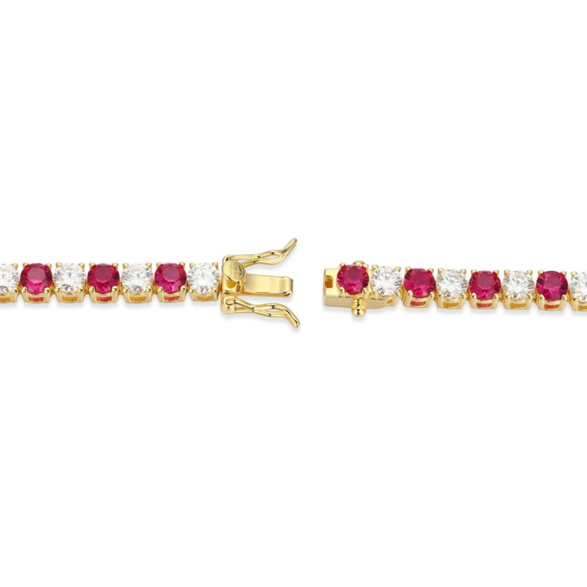 Lab Created 18K Yellow Gold Plated Sterling Silver Womens Created Ruby or Sapphire and Moissanite Tennis Bracelet