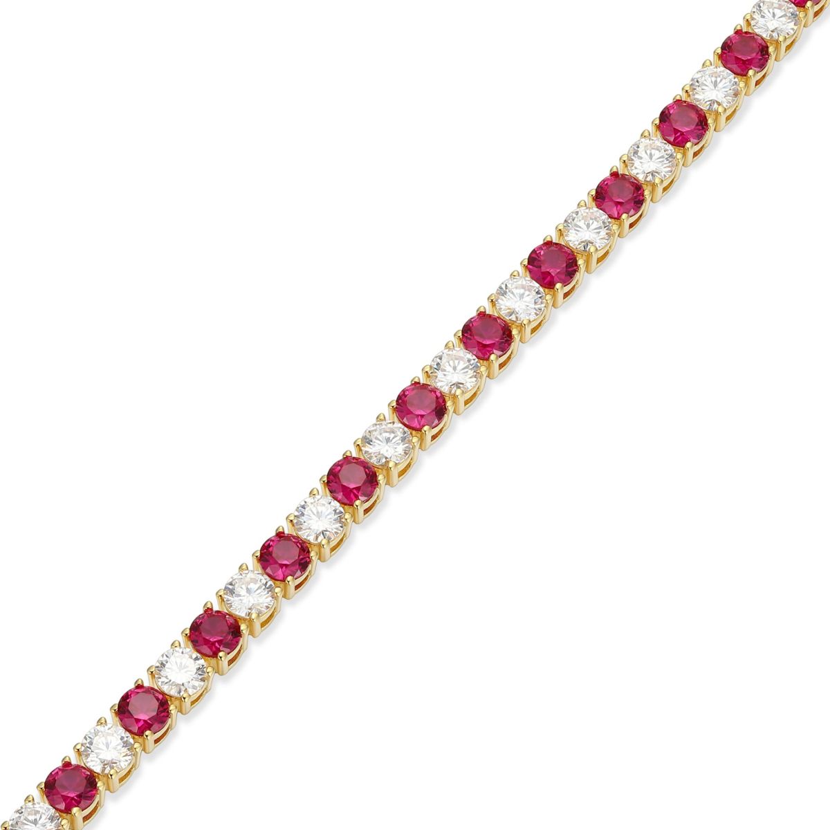 Lab Created 18K Yellow Gold Plated Sterling Silver Womens Created Ruby or Sapphire and Moissanite Tennis Bracelet