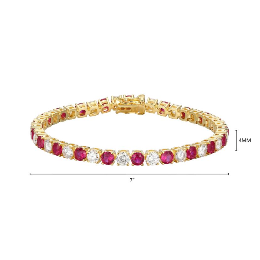 Lab Created 18K Yellow Gold Plated Sterling Silver Womens Created Ruby or Sapphire and Moissanite Tennis Bracelet
