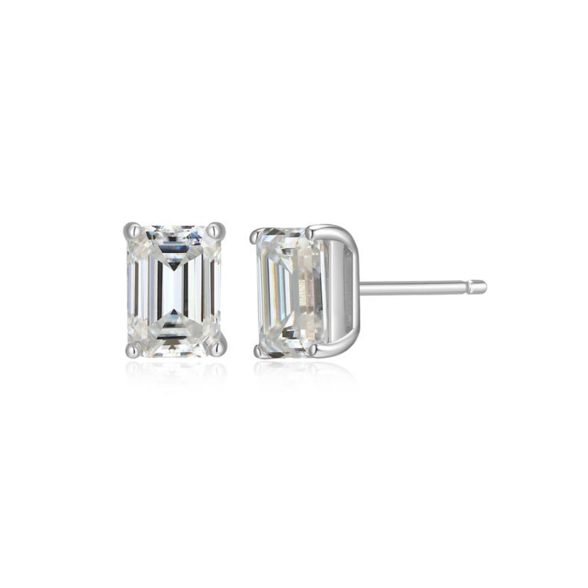 Lab Created 1.96 cttw Moissanite Emerald Cut Stud Earrings 18K Yellow Gold or Platinum Plated Sterling Silver