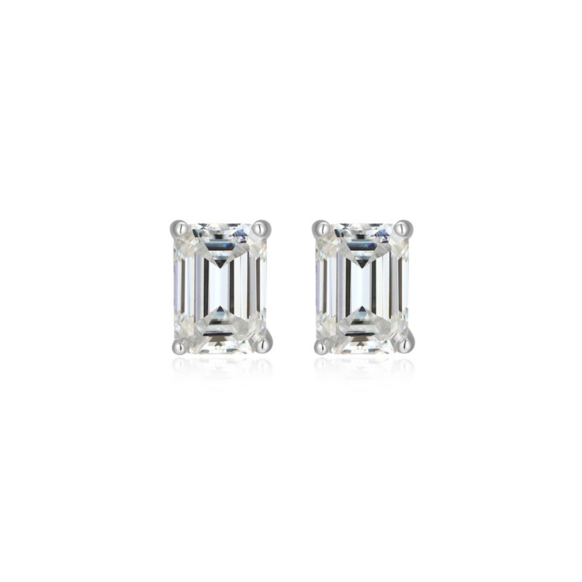Lab Created 1.96 cttw Moissanite Emerald Cut Stud Earrings 18K Yellow Gold or Platinum Plated Sterling Silver