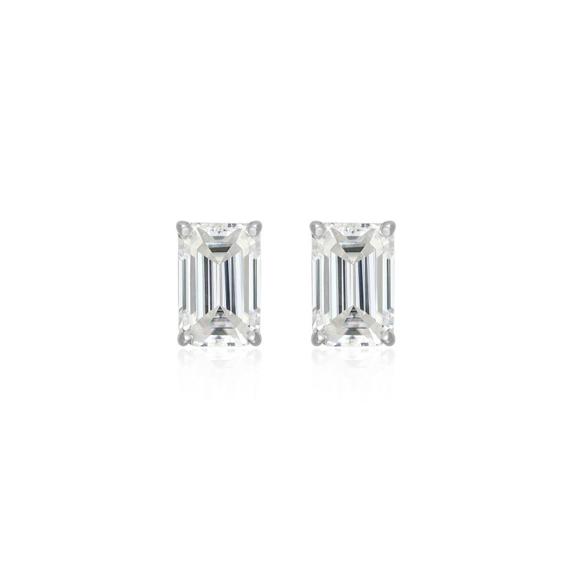 Lab Created 1.20 cttw Moissanite Emerald Cut Stud Earrings 18K Yellow Gold or Platinum Plated Sterling Silver