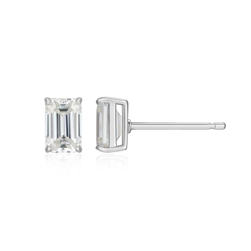 Lab Created 1.20 cttw Moissanite Emerald Cut Stud Earrings 18K Yellow Gold or Platinum Plated Sterling Silver