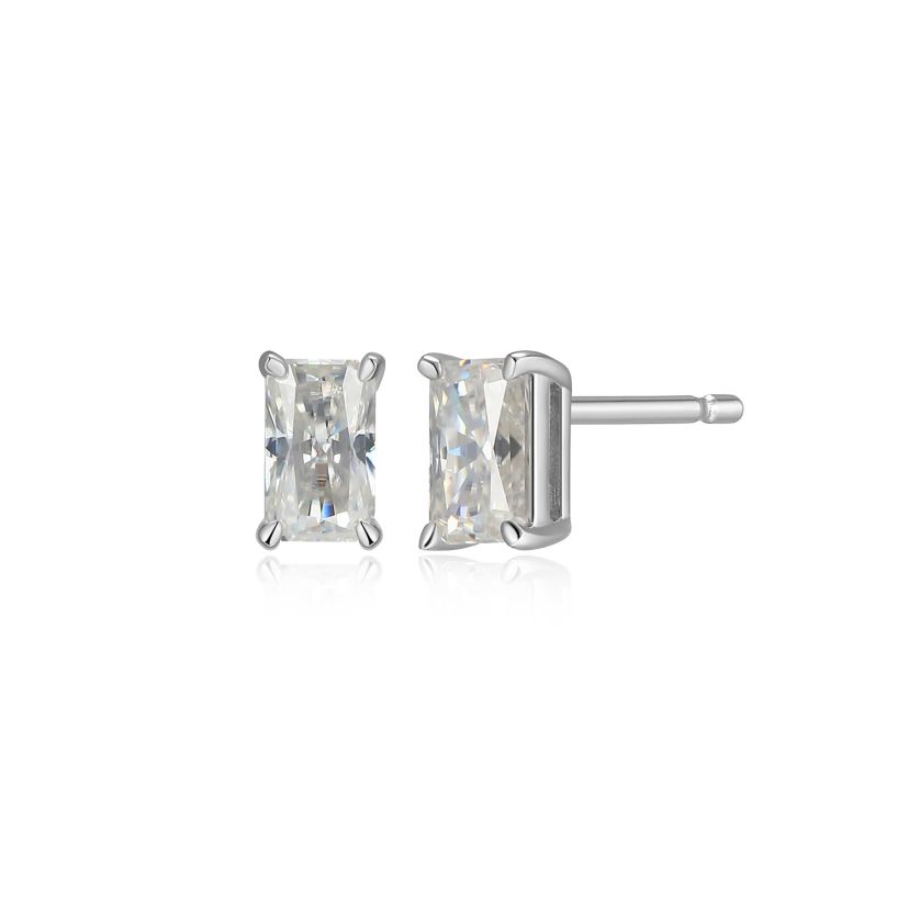 Lab Created 0.64 cttw Moissanite Emerald Cut Stud Earrings 18K Yellow Gold or Platinum Plated Sterling Silver