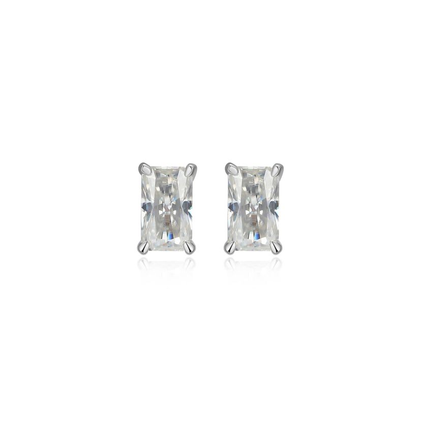 Lab Created 0.64 cttw Moissanite Emerald Cut Stud Earrings 18K Yellow Gold or Platinum Plated Sterling Silver
