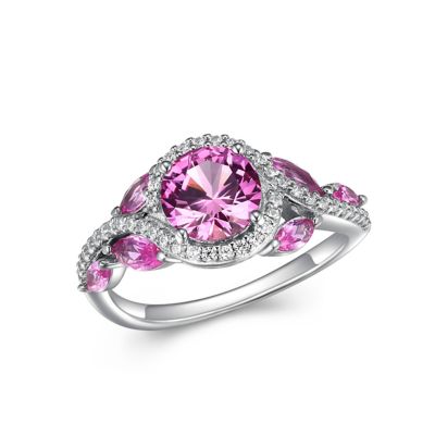 Aurealis Created Pink Sapphire And CZ Ring In Platinum Plated Sterling Silver, 6