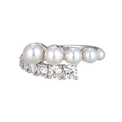 Aurealis Genuine Fresh Water Pearl and Created White Sapphire Ring in Rhodium Plated Sterling Silver, 7