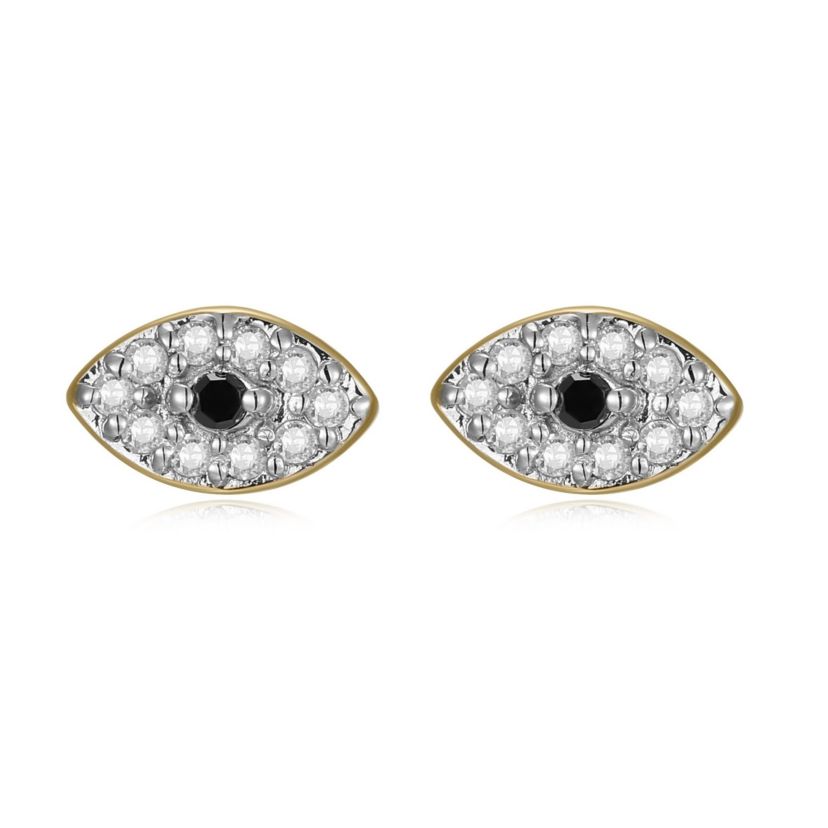 1/10 cttw Black and White Diamond Evil Eye Stud Earrings in 14k Yellow Gold