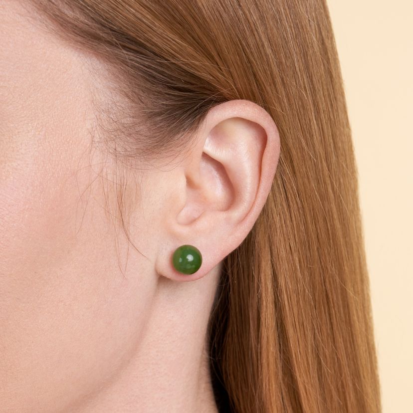14K Yellow Gold Genuine Nephrite Jade 10mm Bead Stud Earring