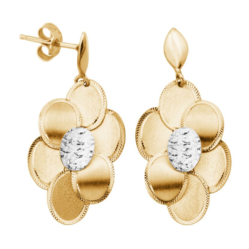 14k Yellow Gold Scattered Petal Motif Drop Earrings with Rhodium Plating