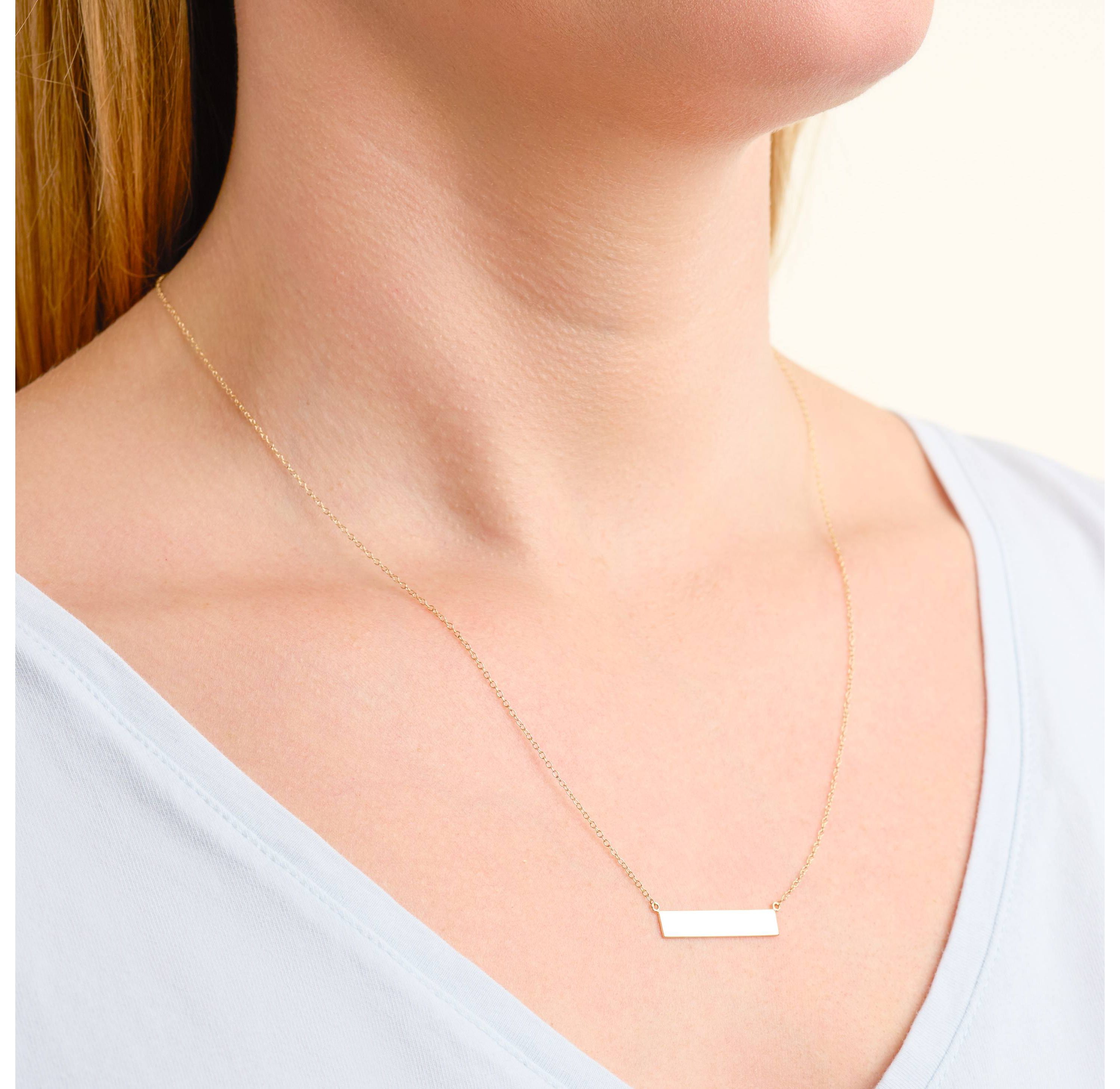 10k Yellow Gold Horizontal Bar ID Style Pendant Necklace, Cable Chain 18" + 2" Extension