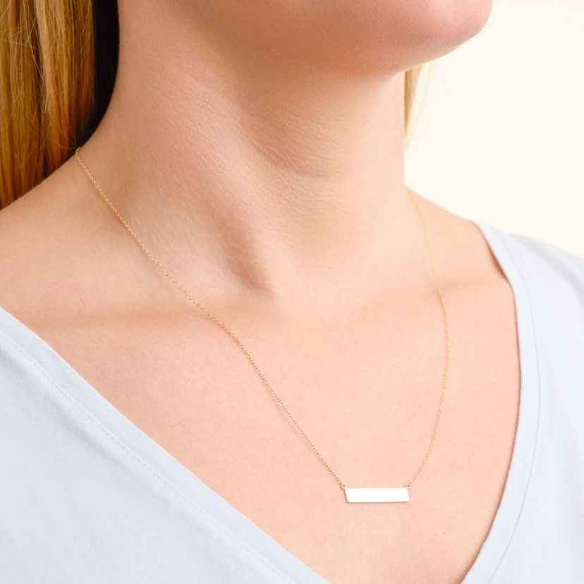 10k Yellow Gold Horizontal Bar ID Style Pendant Necklace, Cable Chain 18" + 2" Extension