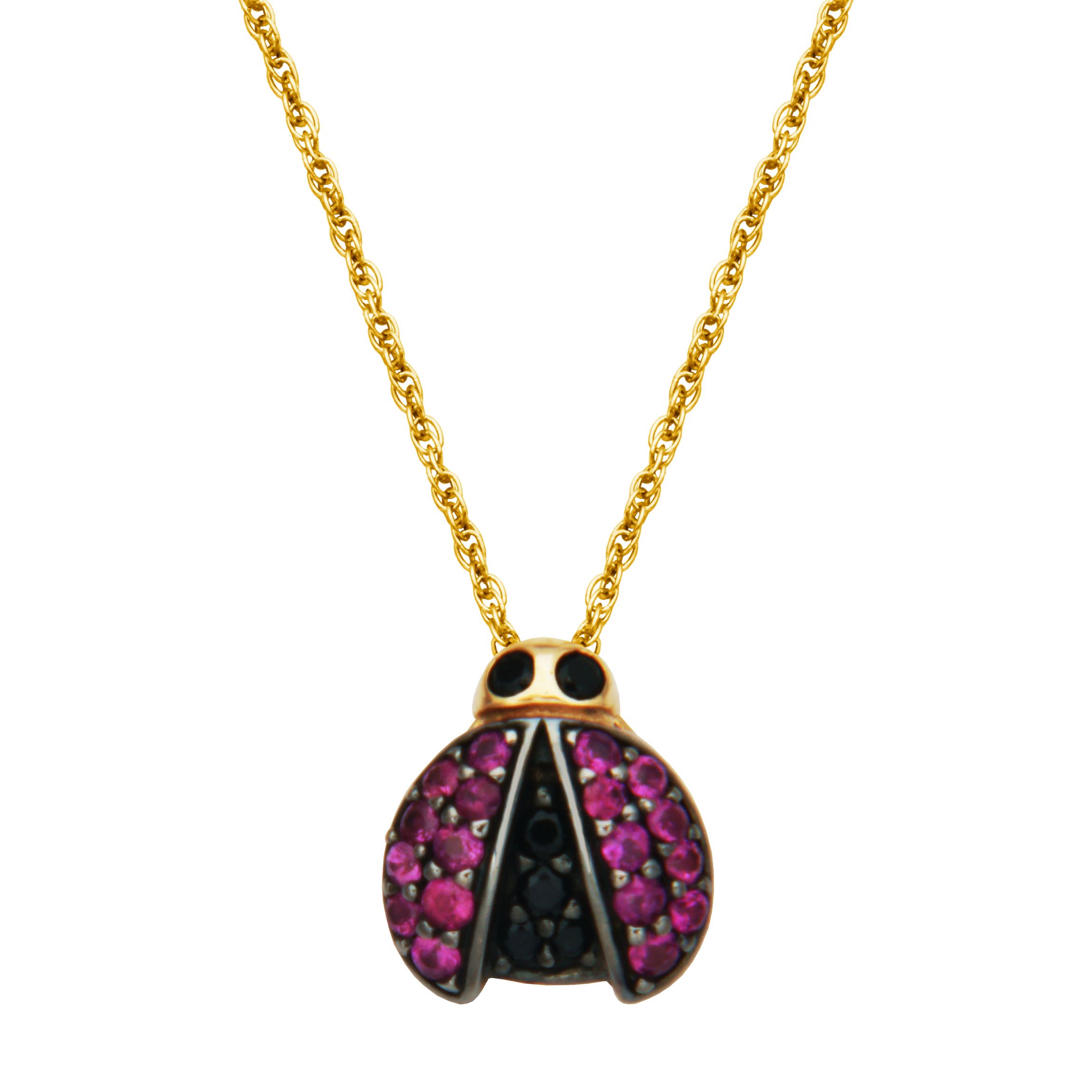10k Yellow Gold Genuine Ruby and Black Sapphire Ladybug Pendant Necklace